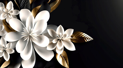 white flower with golden leaves nature decoration on total black background website header, illustration