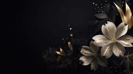 beautiful vivid black background decoration of white and gold flower, leaves and some polka dots