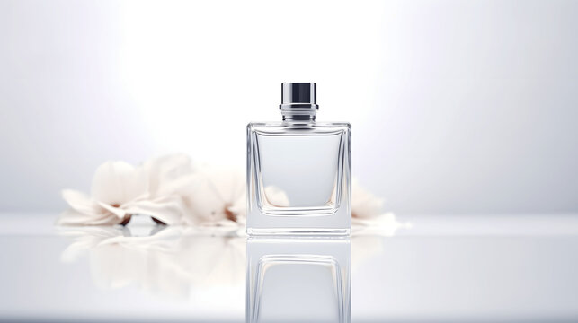  Perfume bottle on a glass mirror white background