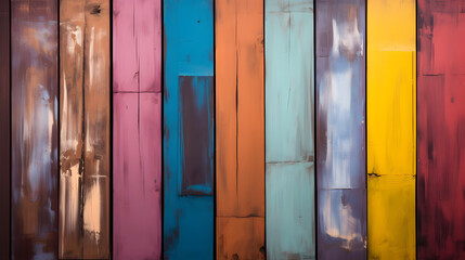 colorful wooden fence background, in the style of recycled material murals, loose paint application