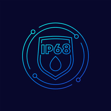 ip68 standard, waterproof icon with shield, linear design