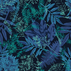 Camouflage blue pattern with leaves, foliage grass