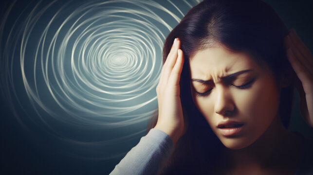 In a photographic blur, a woman's ordeal with vertigo, dizziness, or a neurological or inner ear disorder is evident..