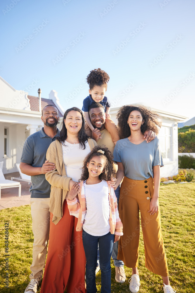 Sticker Children, parents and grandparents at house outdoor to relax for summer vacation. Men, women and kids or interracial family portrait together at holiday home or real estate property with sky banner