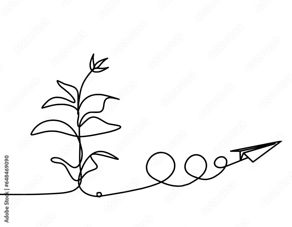 Wall mural Abstract sprout with paper plane as line drawing on the white background. Vector