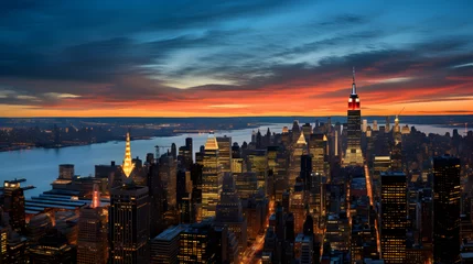 Keuken foto achterwand Empire State Building An aerial panorama of New York City at dusk, capturing the iconic skyline including the Empire State Building, One World Trade Center, and Central Park amidst the vast array of buildings.
