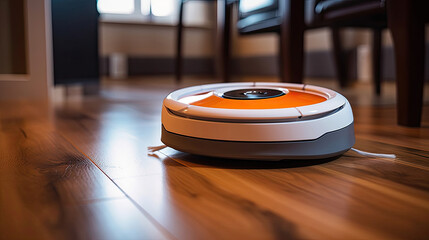 a Robot vacuum cleaner on hardwood floor at home. Generative Ai
