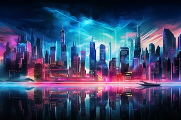 Nocturnal city skyline of advanced high-rises illuminated by neon lights in various shades of blue and pink. Generative AI