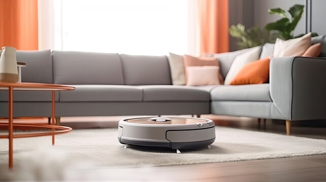 a robot vacuum cleaner working on a carpet in a new living room. Generative Ai