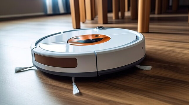 Autonomous smart robot vacuum cleaner. Self propelled cleaning robot  in living room. Generative Ai