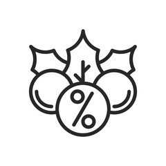 Sale Label in Holly Ornaments Icon. Vector Outline Editable Isolated Sign of a Festive Discount Tag with Holly Leaves and Berries, Signifying Seasonal Savings and Christmas Promotions.