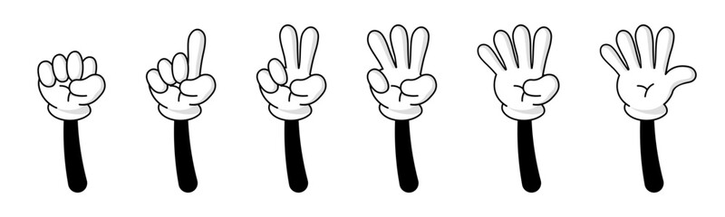 Numbers on retro cartoon fingers. Counting with hands wearing white gloves. Vector