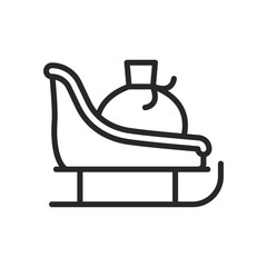 Santa's Sleigh Icon. Vector Outline Editable Isolated Sign of Classic Sleigh with a Bag of Gifts on Top, Representing Christmas Eve Deliveries and Festive Traditions.