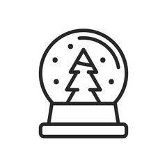 Snow Globe Icon. Vector Outline Editable Isolated Sign of a Crystal Sphere with Snowfall and a Christmas Tree Inside, Symbolizing Winter Holidays and Festive Decorations.