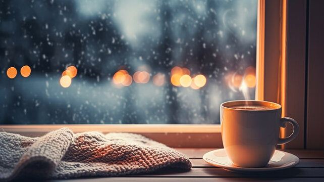 Winter holidays, evening calm and cosy home, cup of tea or coffee mug and knitted blanket near window in the English countryside cottage, holiday atmosphere