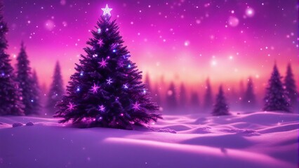 Christmas tree in the snow, glowing in neon lights.