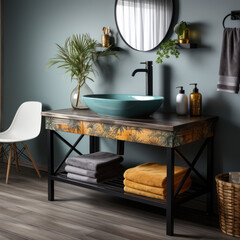  A fabric vanity in a bathroom with a yellow metal
