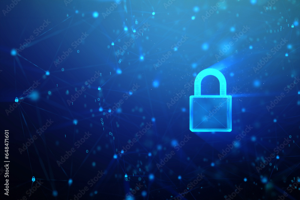 Poster 3d padlock with connection line, with lighting shallow depth of field and glitter effect, against 0 