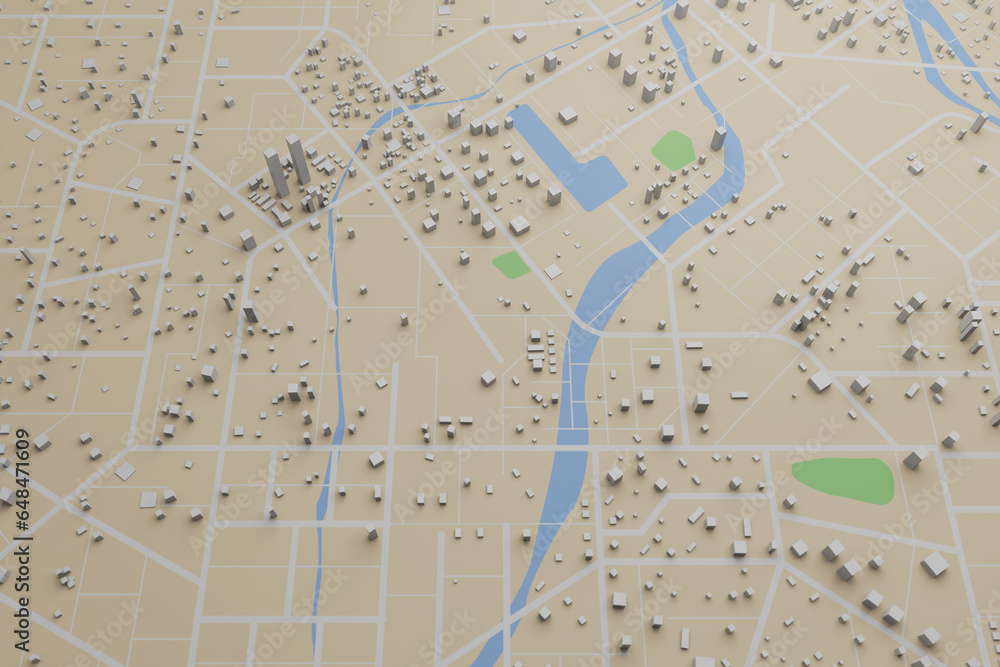Poster 3d rendering city map illustration of a city map created using 3d modeling. top view of urban map wi
