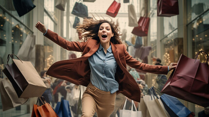 Exuberant Woman with Shopping Bags Running for the Best Deals - obrazy, fototapety, plakaty