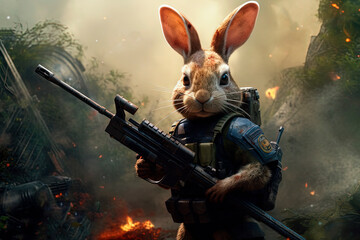 Rabbit in body armor and with a machine gun. Generative AI 