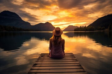 woman sits on jetty at peaceful lake at sunset