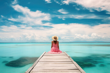 Fototapeta na wymiar woman sits on jetty at peaceful sea with turquoise water in summer