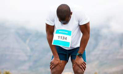 Naklejka premium Marathon, break or tired runner on road for exercise, fitness training or outdoor workout. Sports race, black man or exhausted athlete with endurance or fatigue in challenge to relax by mountains