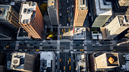 A drone's perspective of New York City, hovering above the streets and capturing a dynamic angle of iconic landmarks such as the Flatiron Building,
