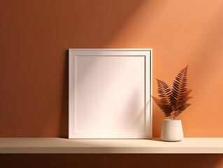 Empty photo frame mock up with plant in a vase on table with pastel orange wall	