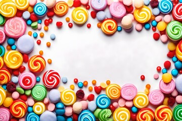 Rainbow candy background, frame mockup isolated, greeting card, Top view, Flat Lay