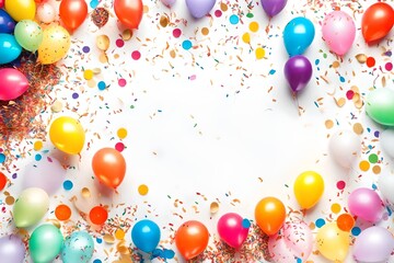 Colorful balloons and confetti on white table top view. Festive or party background. Flat lay style. Birthday greeting card