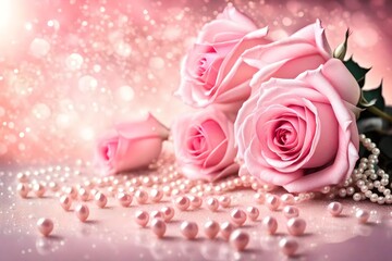Pink roses bouquet and pearls on abstract blur pastel background. Wedding flowers and bright bokeh...