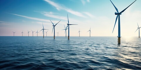 Wind turbines standing tall in the sea, powering a brighter future. - obrazy, fototapety, plakaty