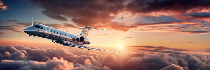 Luxury private jet flying above the clouds, beautiful sunset on background. Travel and airplane concept. Generative AI - obrazy, fototapety, plakaty