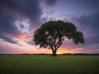 Fototapeta premium wide angle shot of a single tree growing under a clouded sky during a sunset surrounded by grass