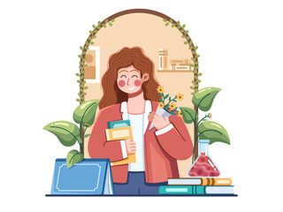 Illustration of a smiling teacher at a classroom desk, holding flowers from a student. it captures student appreciation to teacher. Ideas for Teachers Day projects, cards, etc.