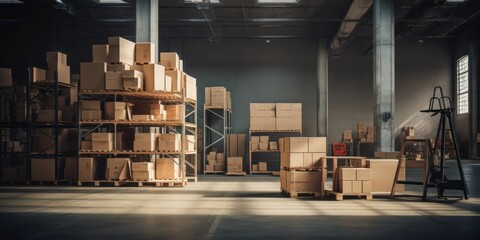 Warehouse with Organized Box Stacks - obrazy, fototapety, plakaty