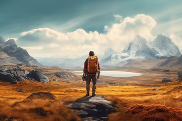 Fototapeta premium Hiker or alpinist at the top of a mountain with heavy backpack, a adventure man on a top of a peak, travel backpacker hiking