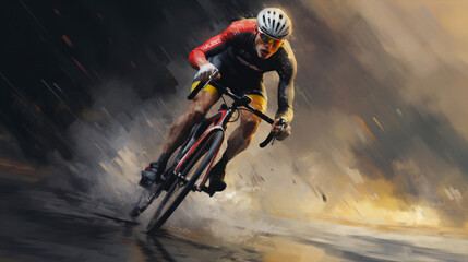 Capturing the intensity of a professional road bike racer. Promotional signage..