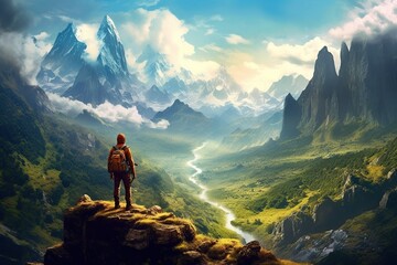 Fototapeta premium Hiker or alpinist at the top of a mountain with heavy backpack, a adventure man on a top of a peak, travel backpacker hiking