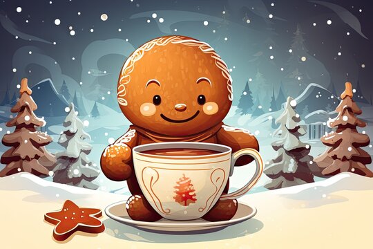 cute little gingerman drink hot chocolate in winter illustration