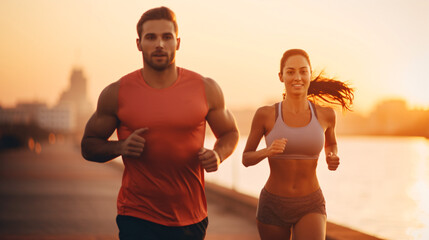 A sporty couple enjoys an outdoor run at sunrise, their healthy lifestyle evident in their toned bodies - obrazy, fototapety, plakaty
