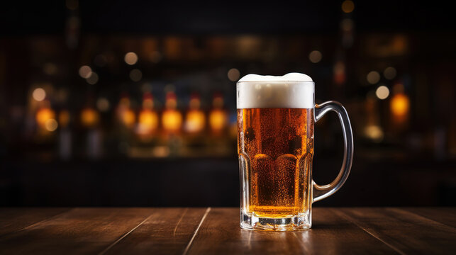 Glass mug of light beer on bar table in a dark pub with copy space. Generative AI
