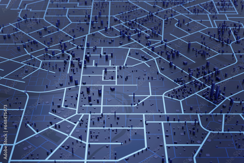 Poster 3d rendering city map illustration of a city map created using 3d modeling. top view of urban map wi