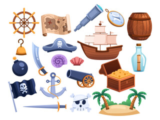 Vector Illustration Pirate Clip art Collection set features a treasure trove of pirate-themed objects and elements, include a pirate ship, treasure chest, skull and crossbones flag, pirate hat, etc. - obrazy, fototapety, plakaty