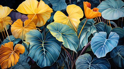 Colocasia or Elephant ear leaves in blue and golden, watercolor illustration
