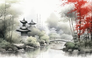 bamboo garden surrounding  pagoda chinese painting illustration