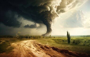 Naklejka premium Tornado Sweeps Above Lush Green Field