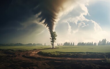 Naklejka premium Green Field Encounters Menacing Tornado Formation